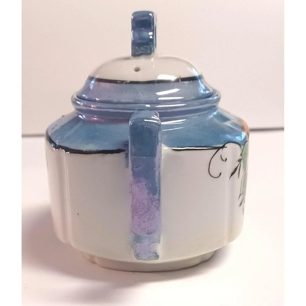 Vintage Japanese Lusterware Covered Sugar Bowl Hand Painted Orange Floral Blue